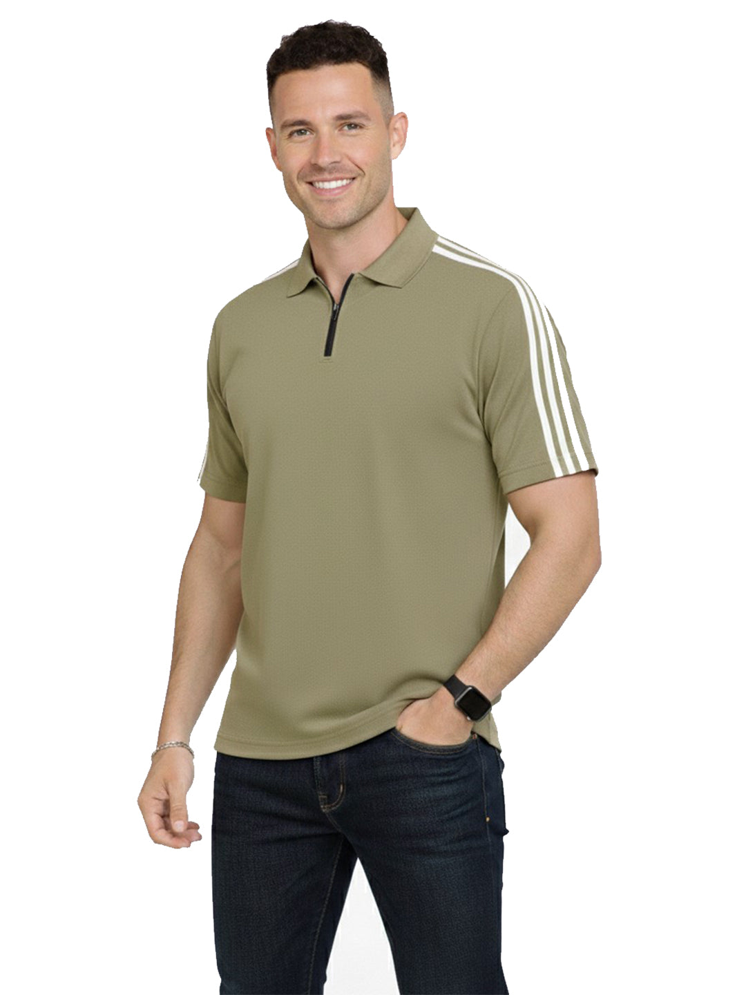 Beige Stripes Zip Polo T-Shirt