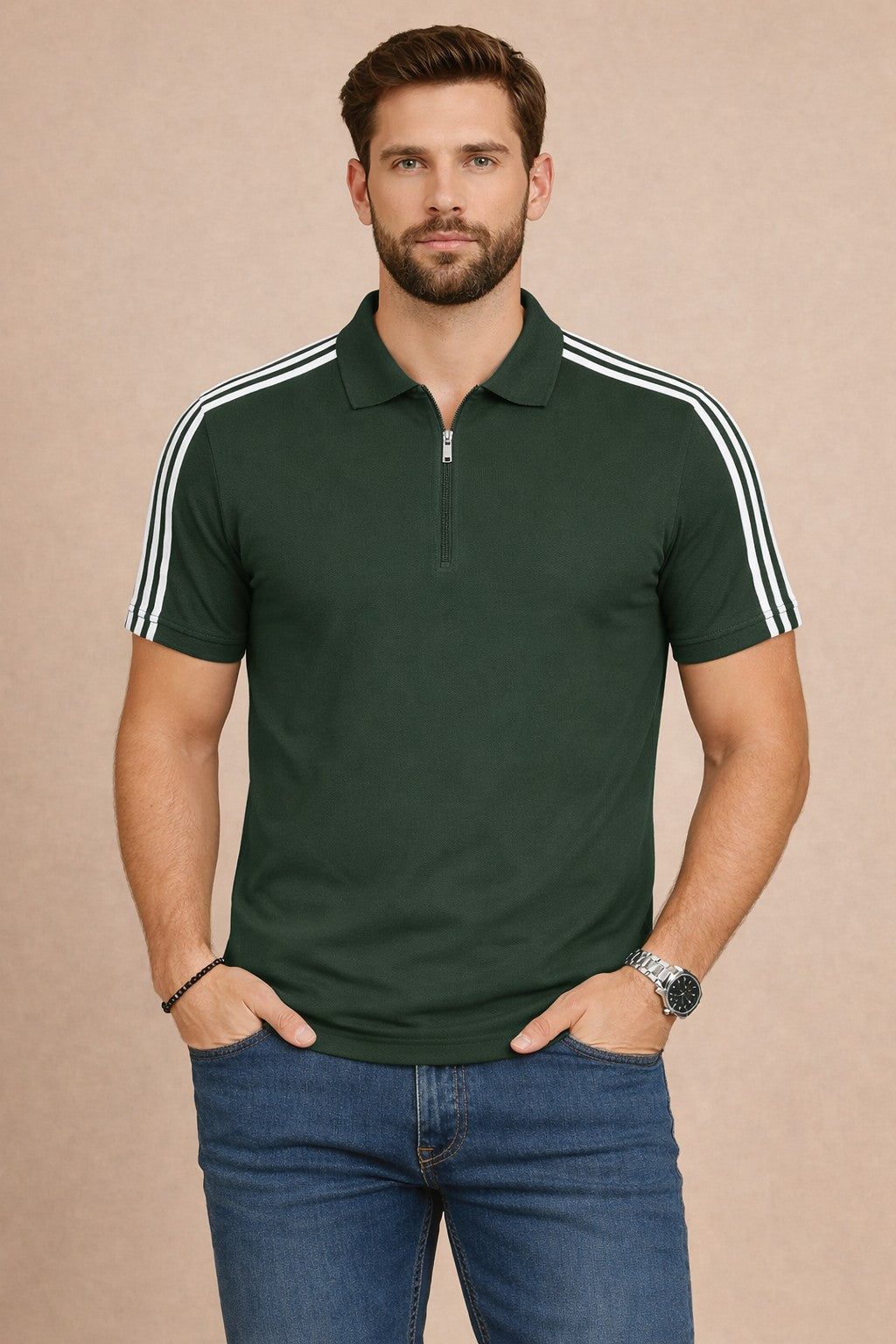 Green Stripes Zip Polo T-Shirt