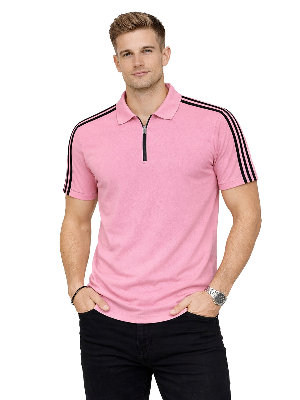 Pink Stripes Zip Polo T-Shirt