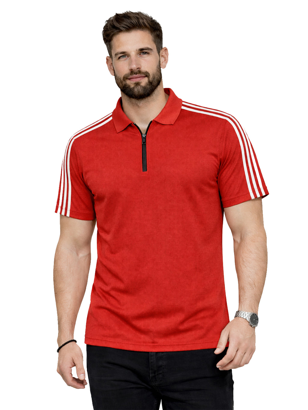 Red Stripes Zip Polo T-Shirt