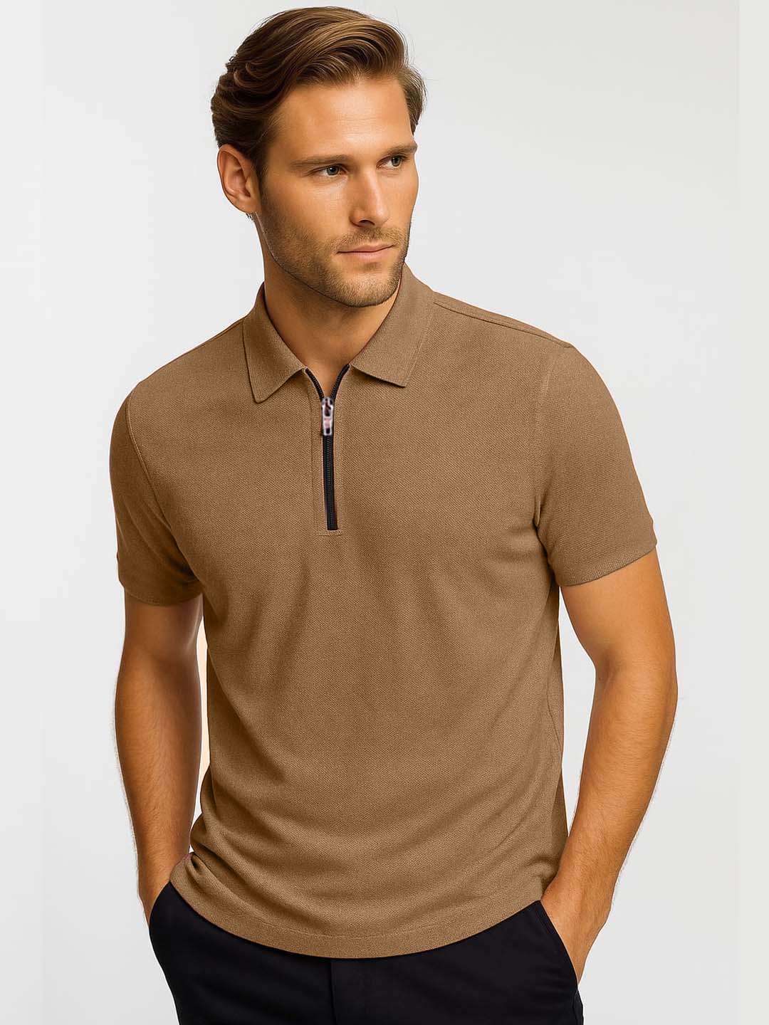 Brown Zip Polo T-Shirt