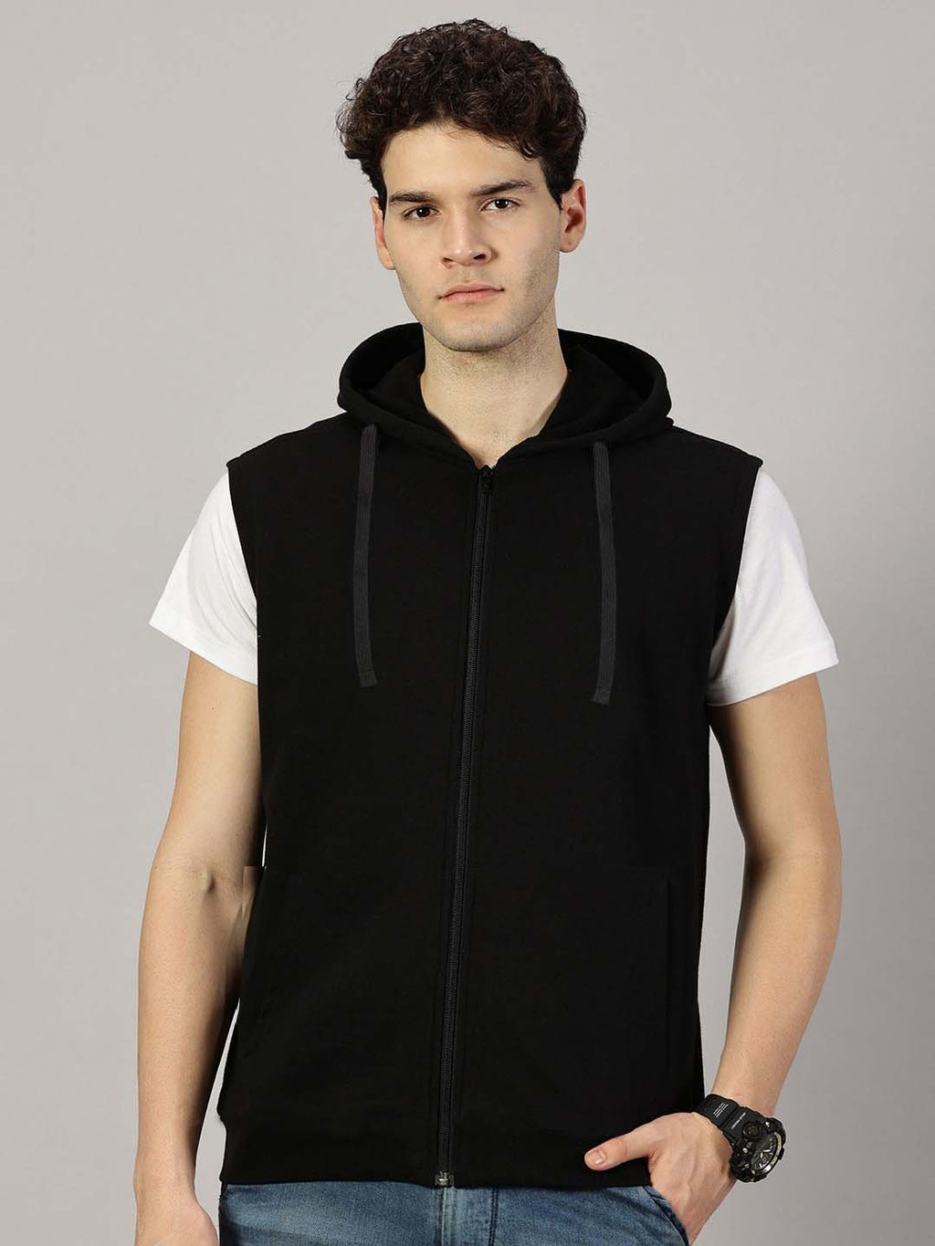 Sleeveless Black Hooded Sweatshirt