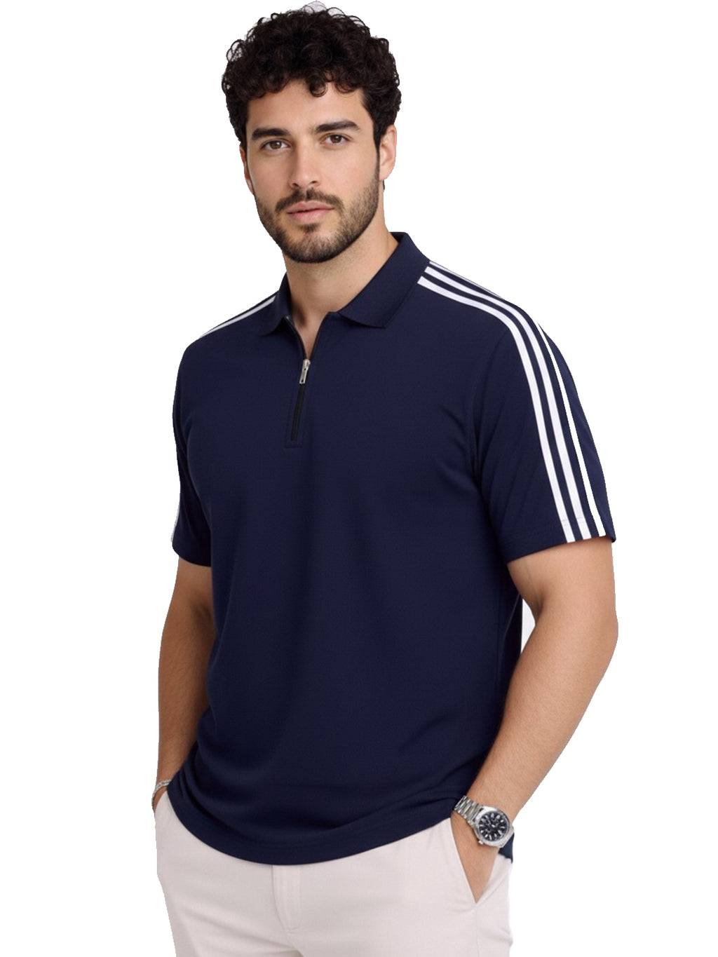 Navy Stripes Zip Polo T-Shirt