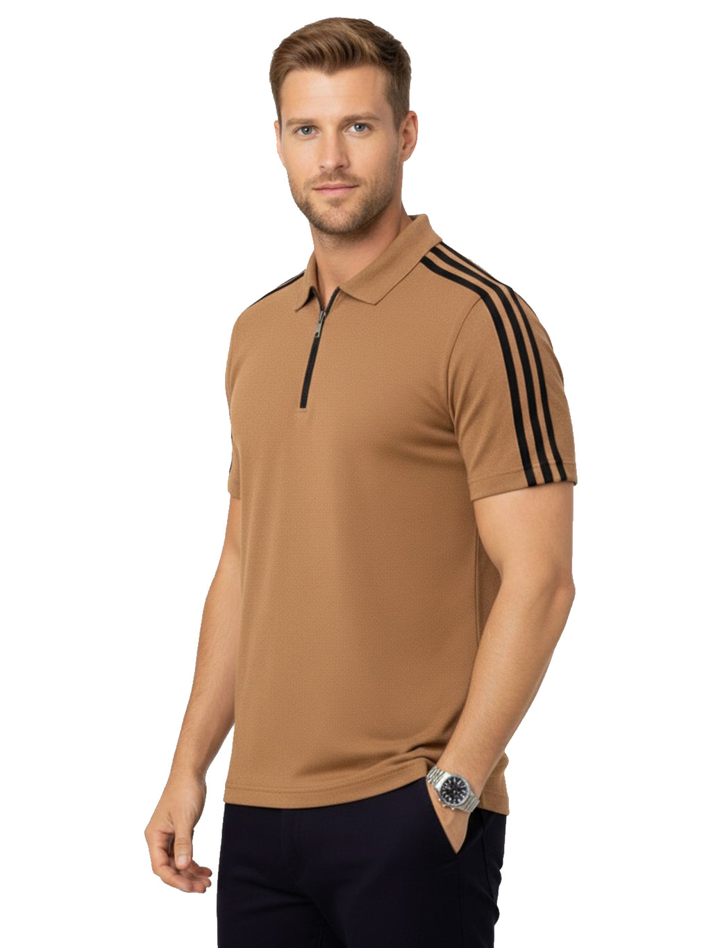 Brown Stripes Zip Polo T-Shirt