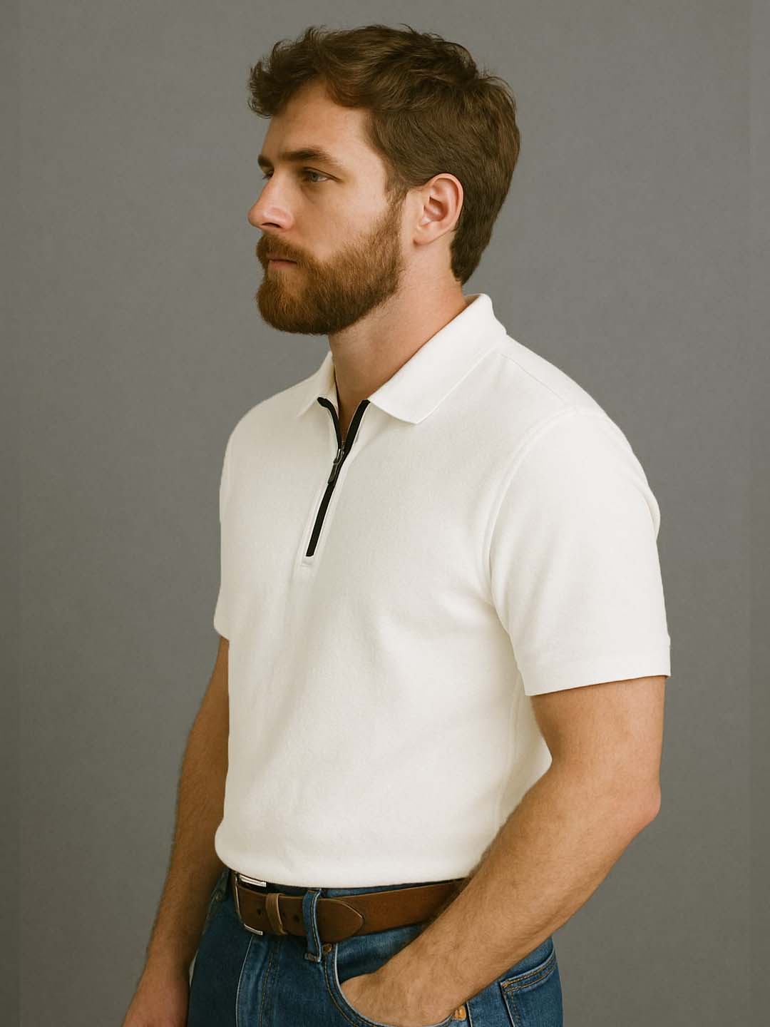 Off White Zip Polo T-Shirt