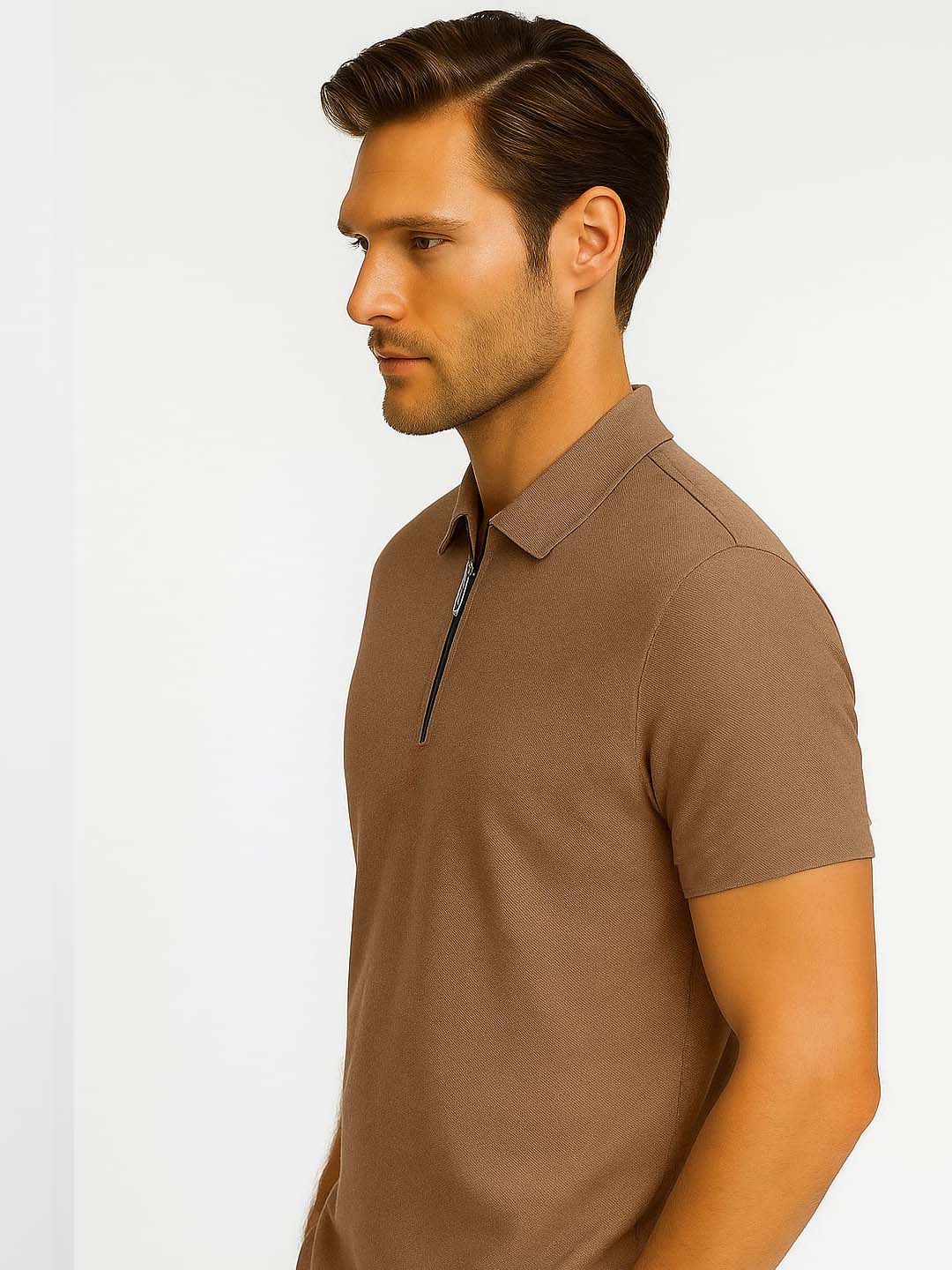 Brown Zip Polo T-Shirt