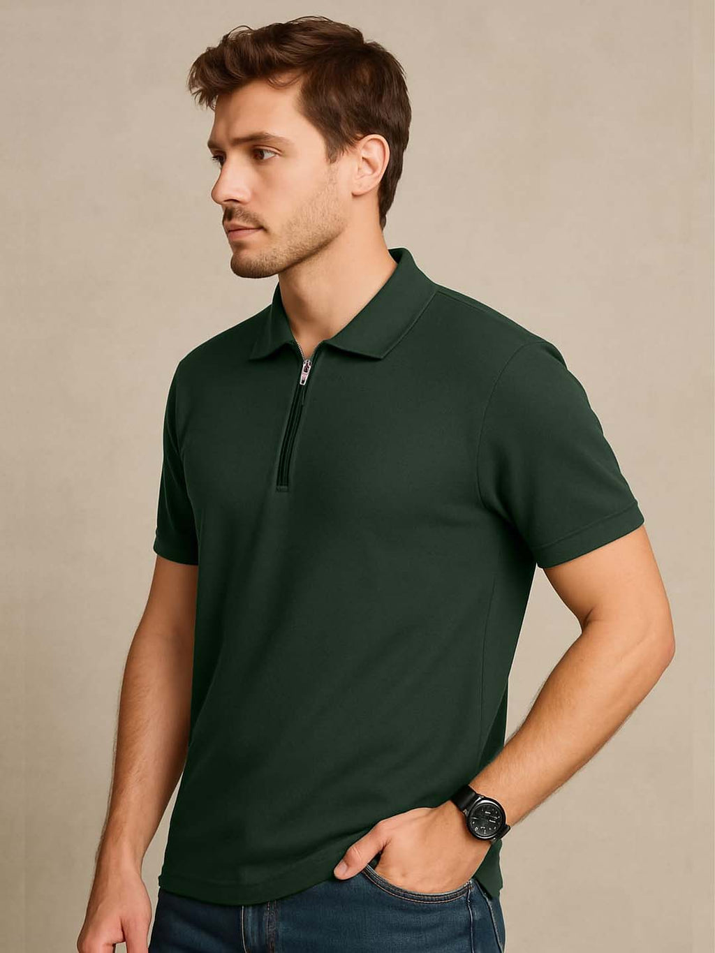 Bottle Green Zip Polo T-Shirt