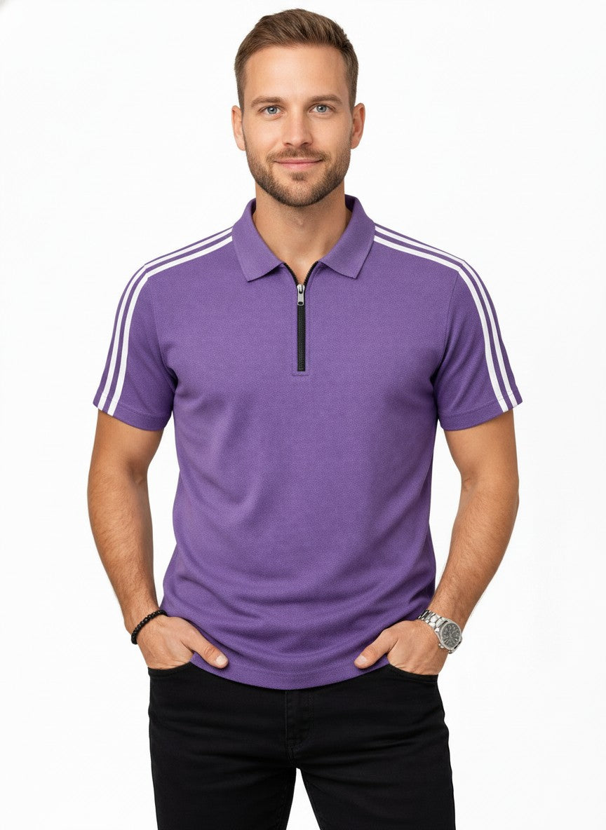 Purple Stripes Zip Polo T-Shirt