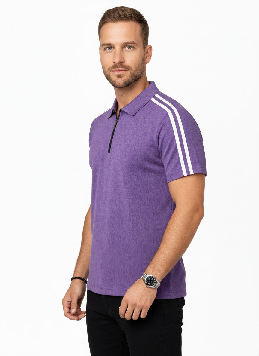 Purple Stripes Zip Polo T-Shirt