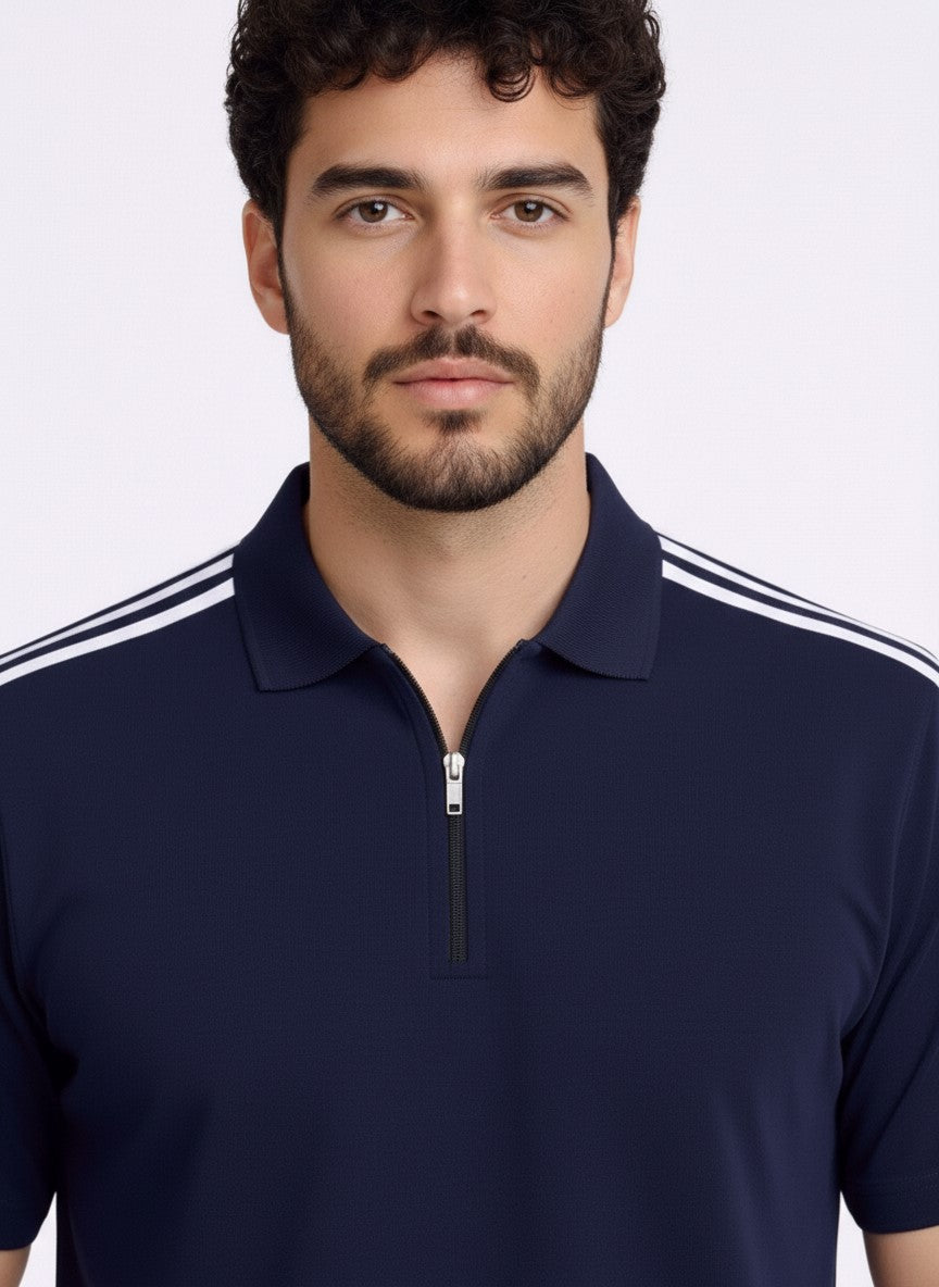 Navy Stripes Zip Polo T-Shirt