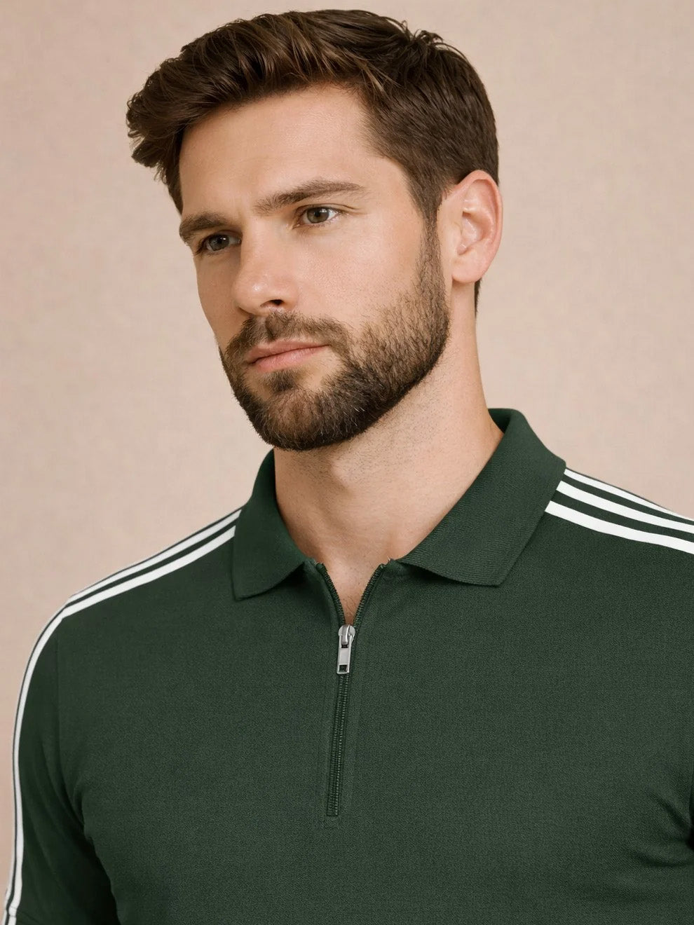 Green Stripes Zip Polo T-Shirt