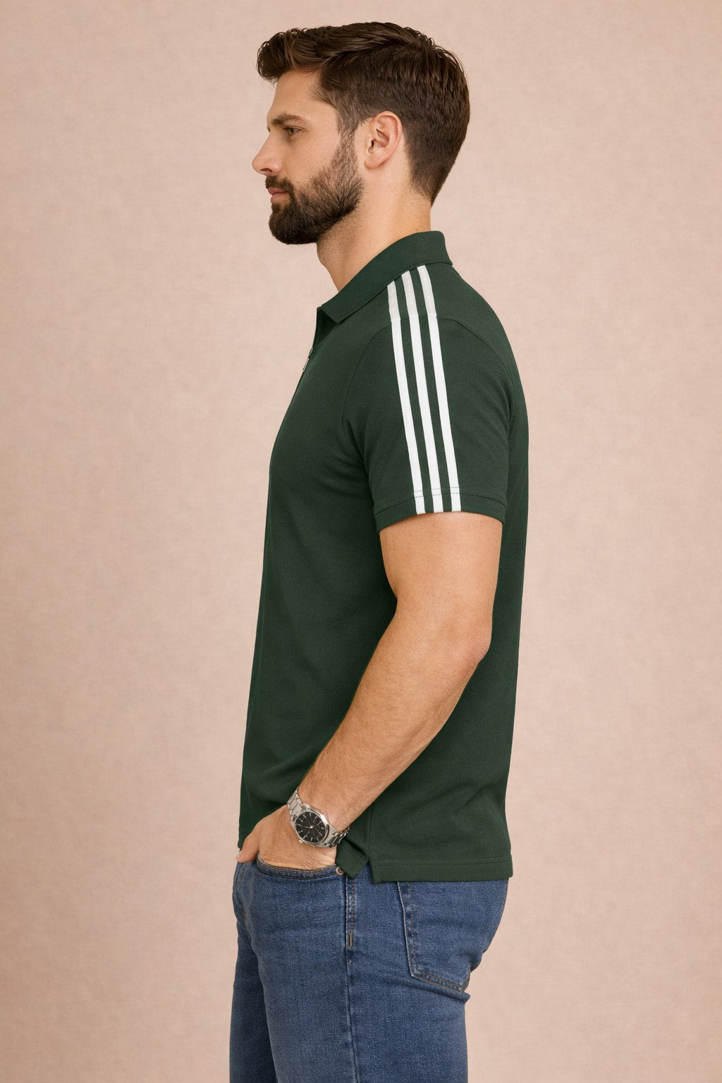 Green Stripes Zip Polo T-Shirt