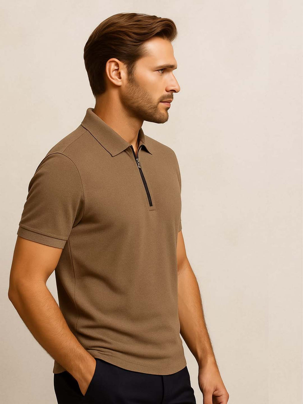 Brown Zip Polo T-Shirt