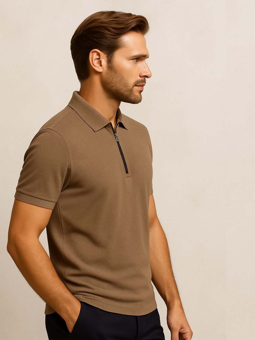 Brown Zip Polo T-Shirt