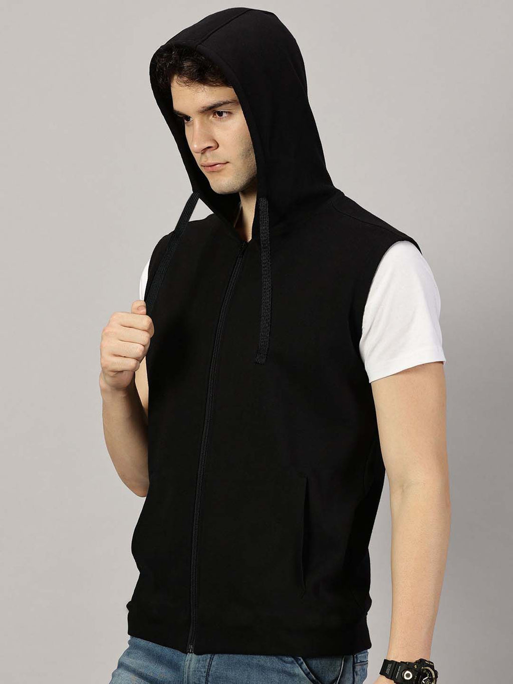 Sleeveless Black Hooded Sweatshirt