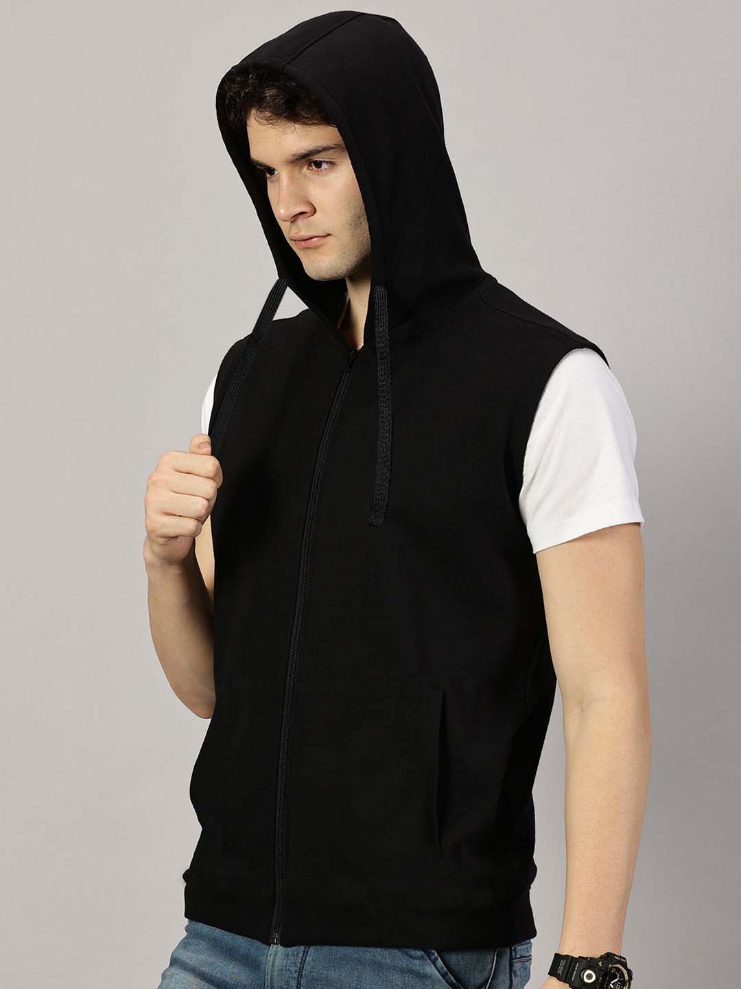 Sleeveless Black Hooded Sweatshirt