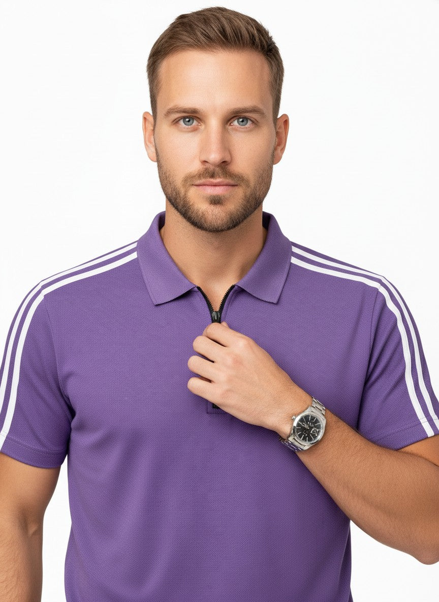 Purple Stripes Zip Polo T-Shirt