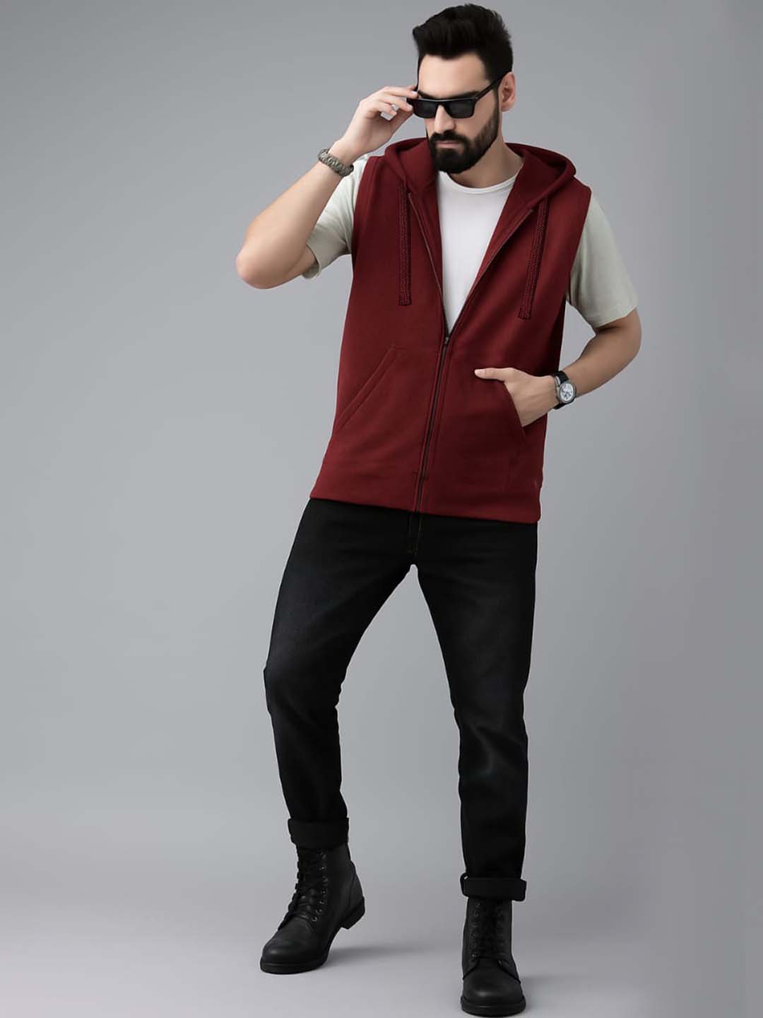 Sleeveless Maroon Hooded Sweatshirt