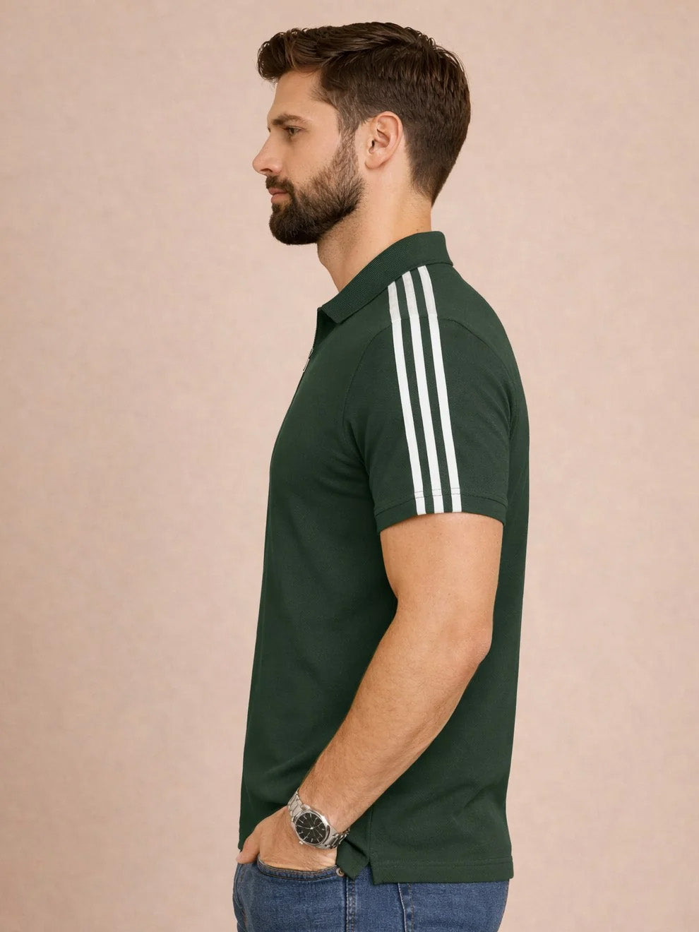 Green Stripes Zip Polo T-Shirt
