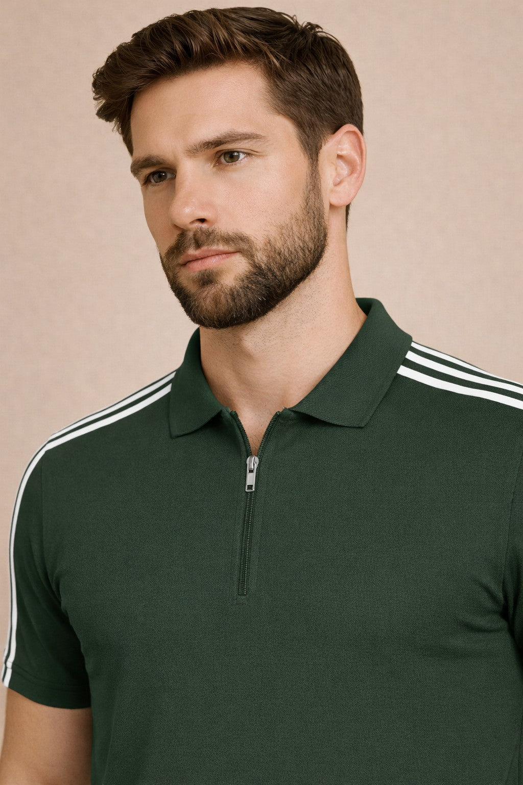 Green Stripes Zip Polo T-Shirt