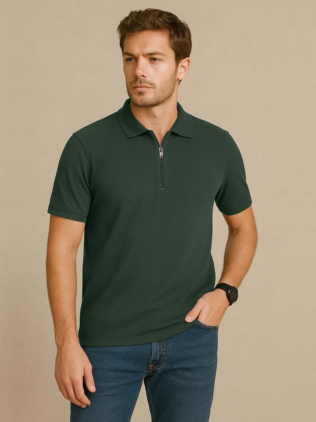 Bottle Green Zip Polo T-Shirt
