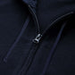 Close-up of a dark navy zip-up hoodie showing the front zipper, drawstrings, and fabric texture.