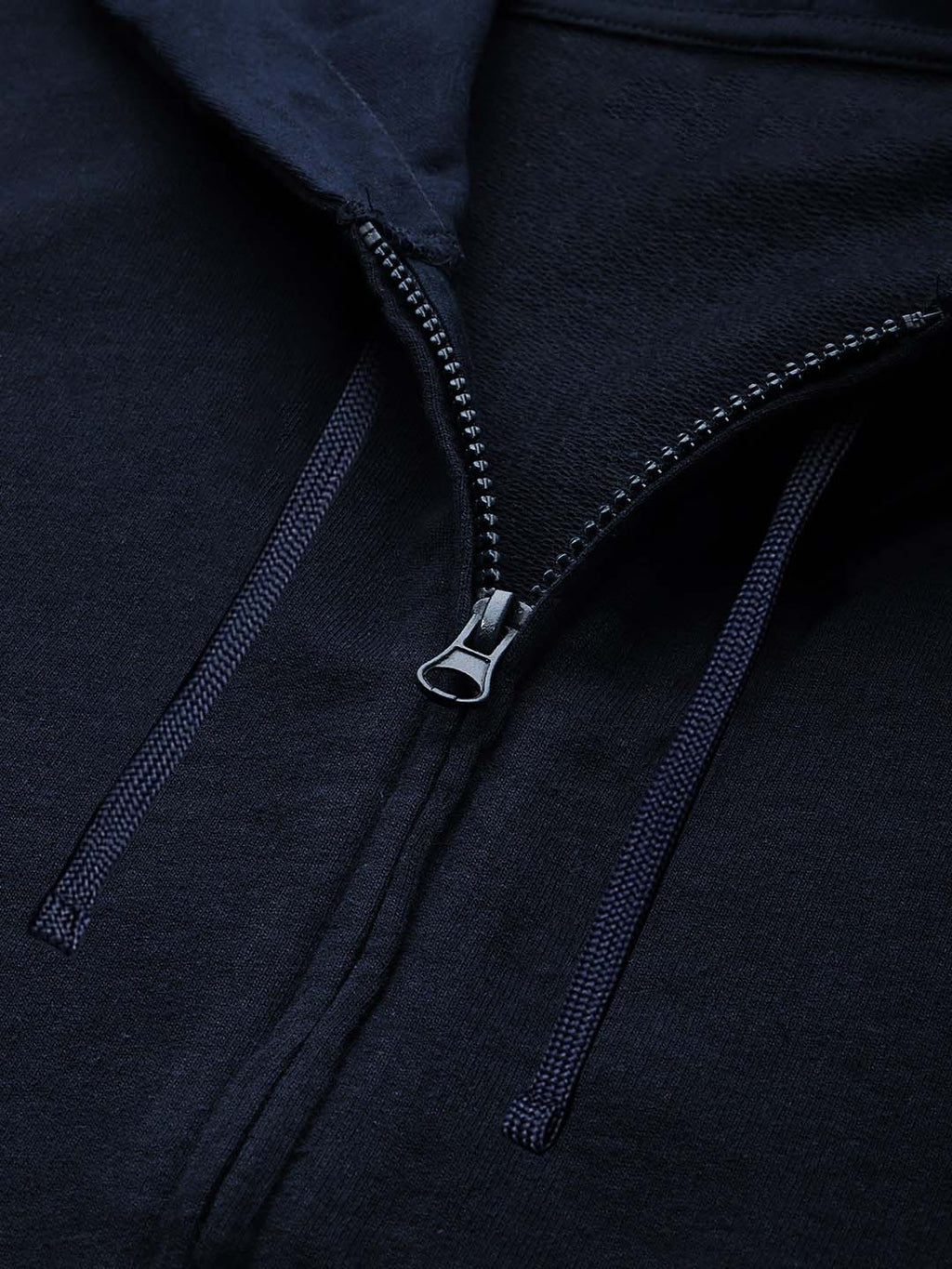 Close-up of a dark navy zip-up hoodie showing the front zipper, drawstrings, and fabric texture.