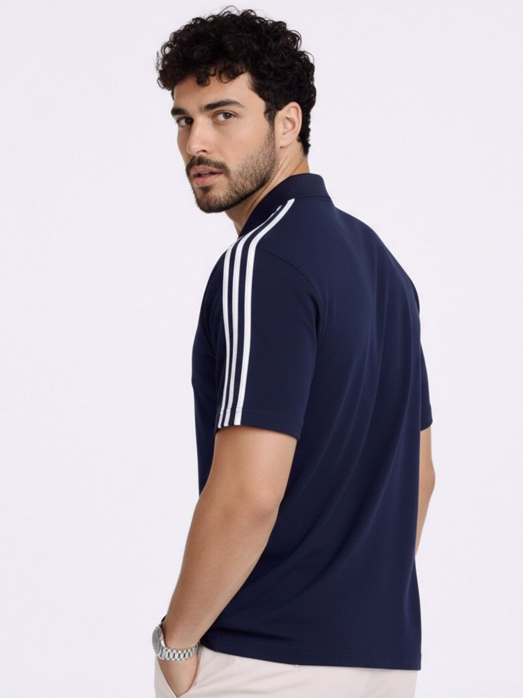 Navy Stripes Zip Polo T-Shirt