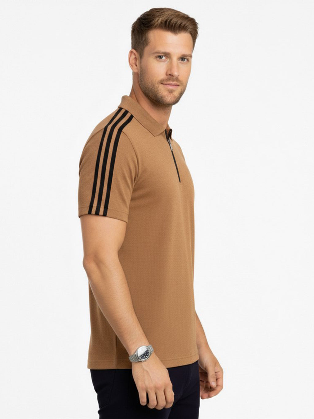 Brown Stripes Zip Polo T-Shirt