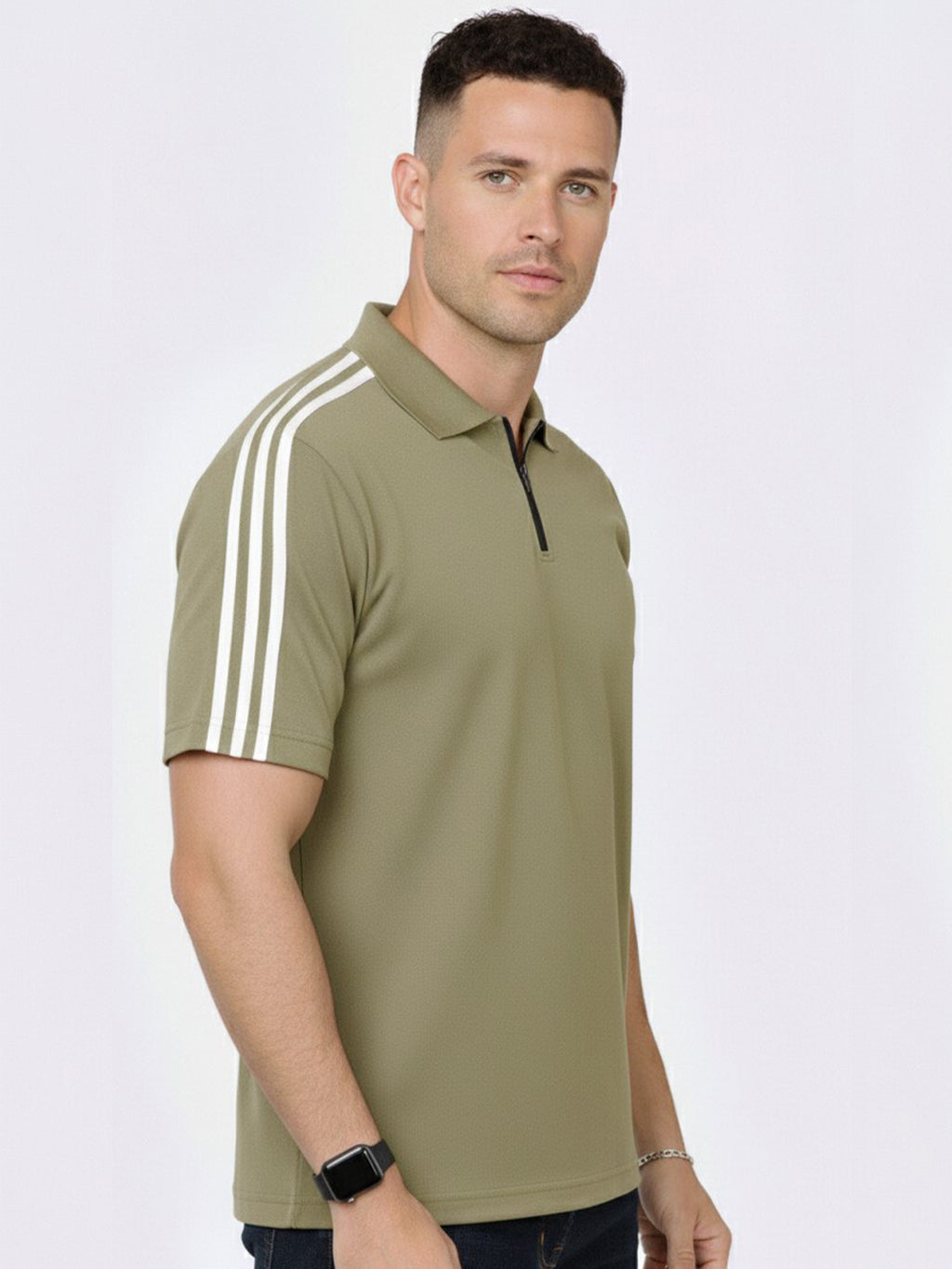 Beige Stripes Zip Polo T-Shirt