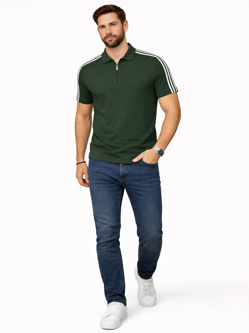Green Stripes Zip Polo T-Shirt