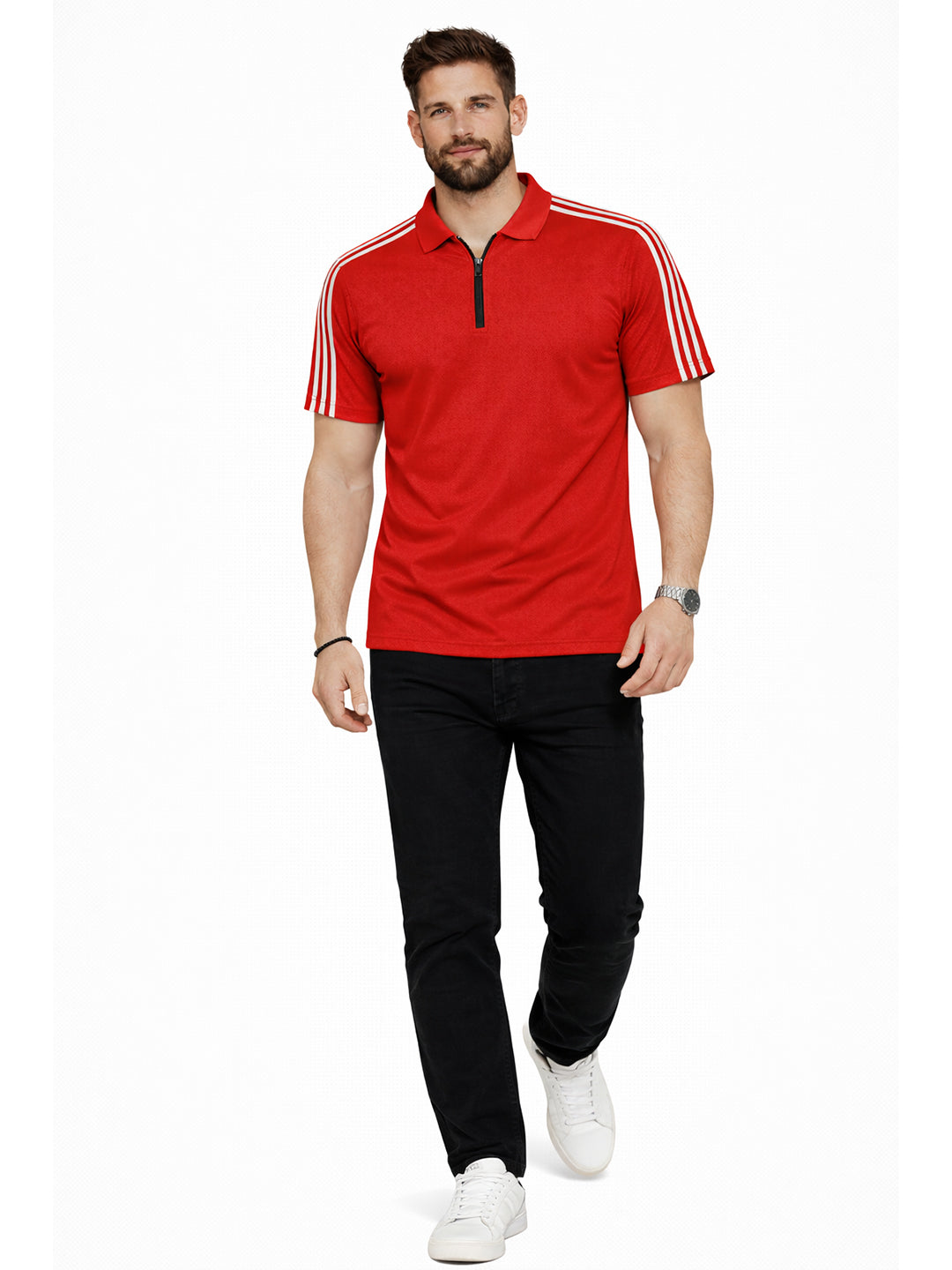 White Stripes Zip Polo T-Shirt