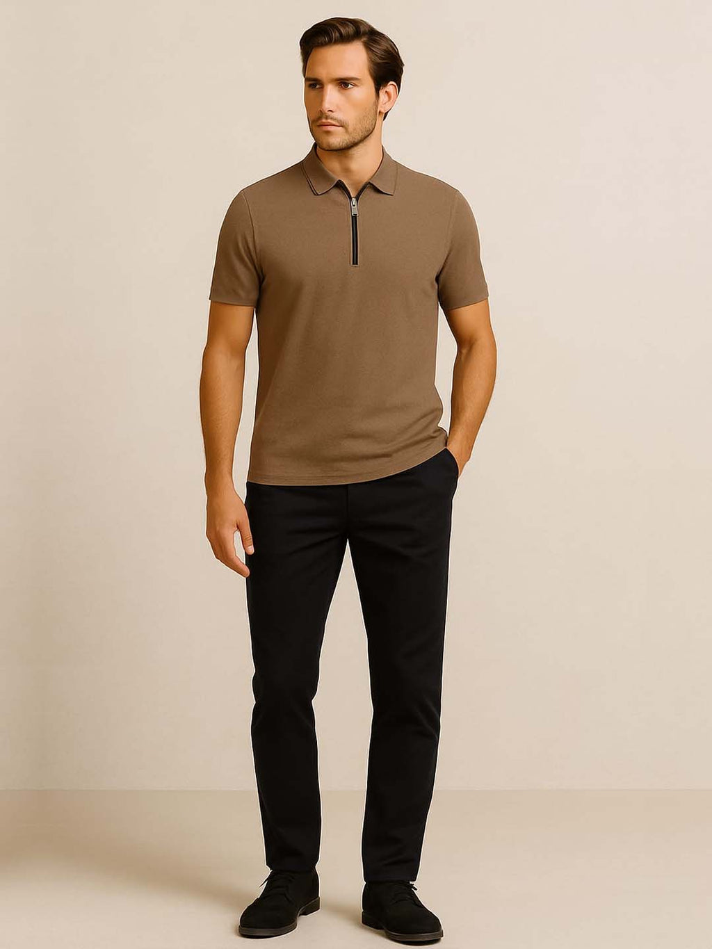 Brown Zip Polo T-Shirt