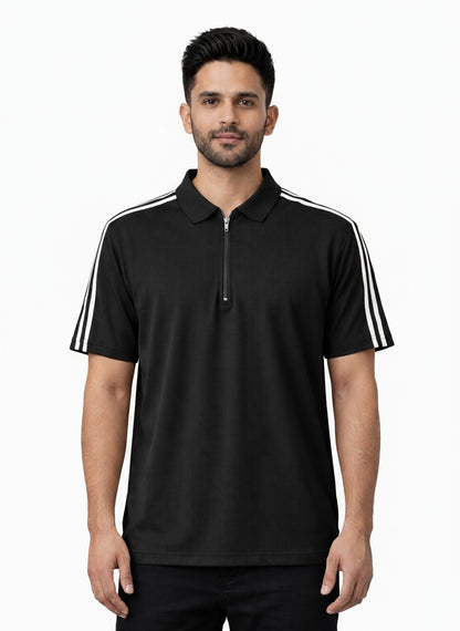 Black Stripes Zip Polo T-Shirt