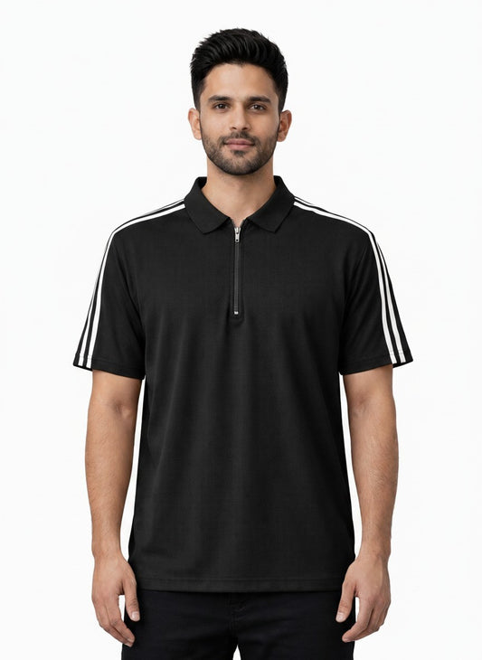 Black Stripes Zip Polo T-Shirt