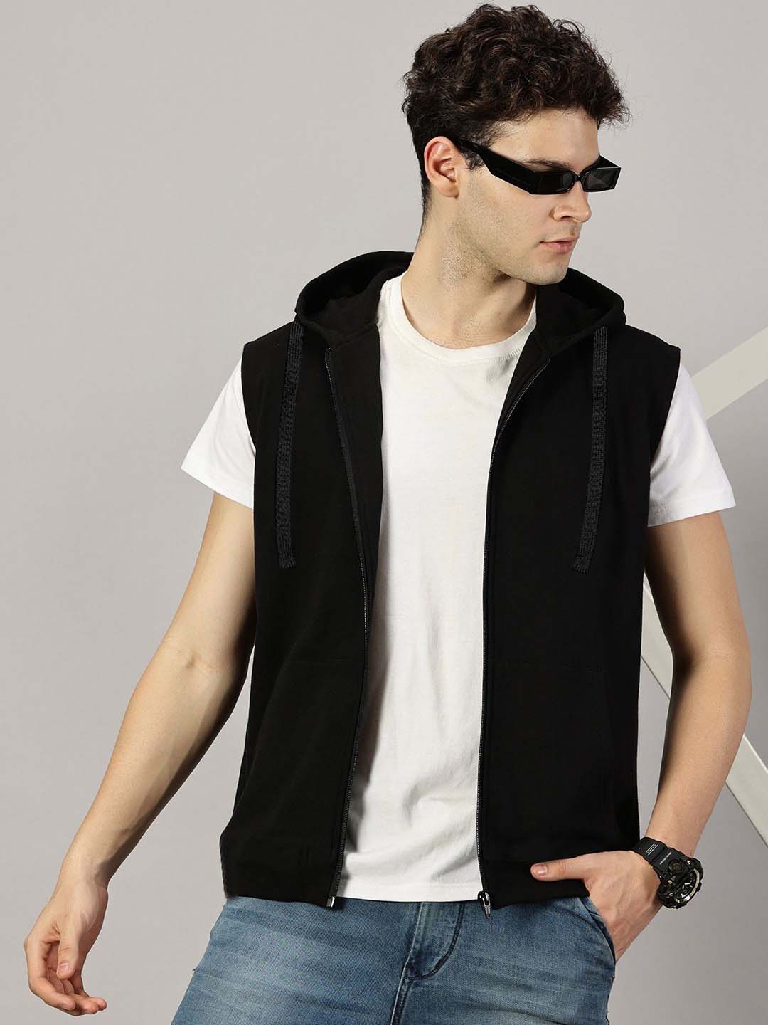 Sleeveless Black Hooded Sweatshirt