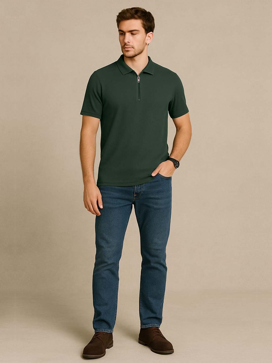 Bottle Green Zip Polo T-Shirt