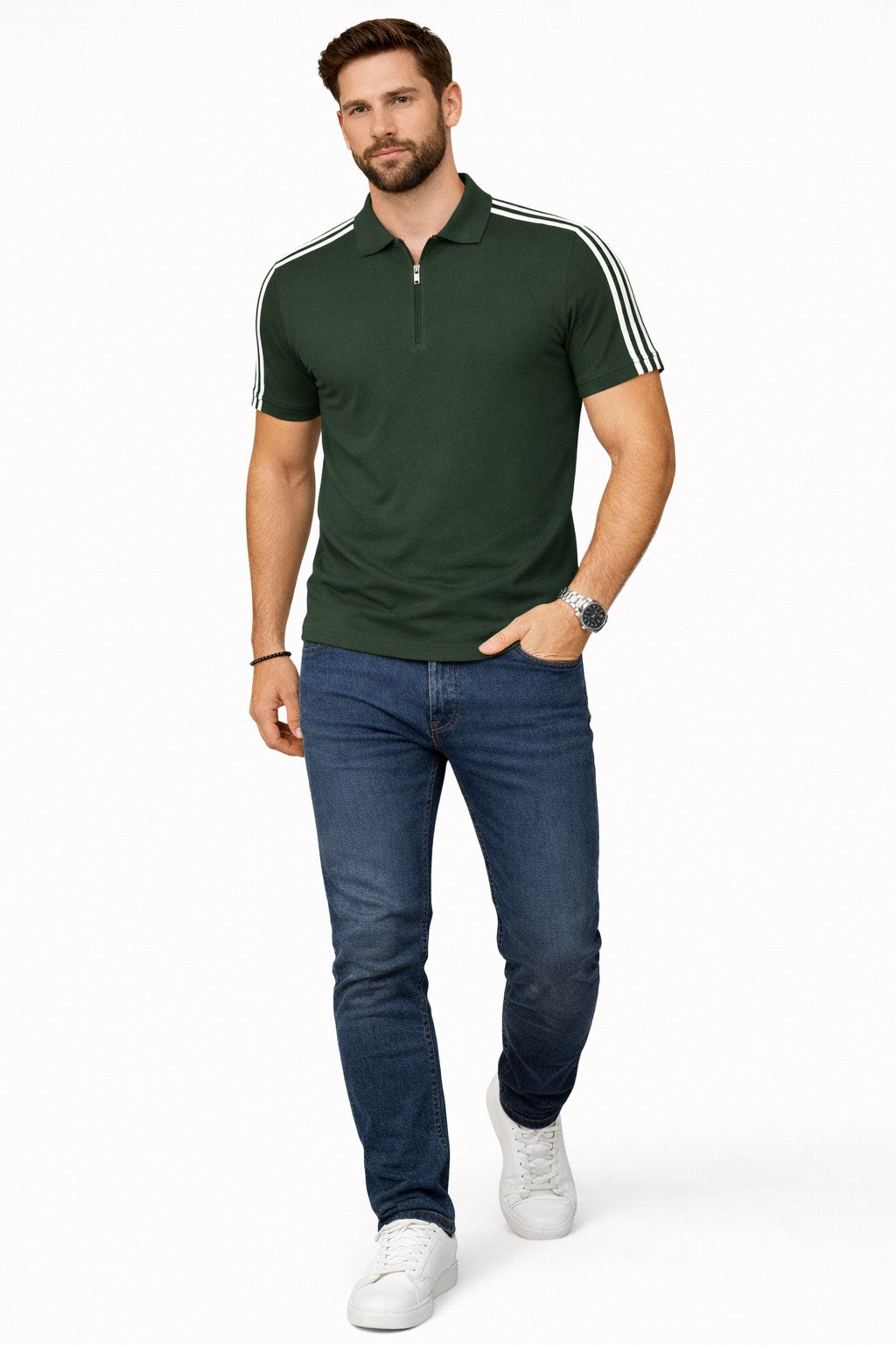 Green Stripes Zip Polo T-Shirt