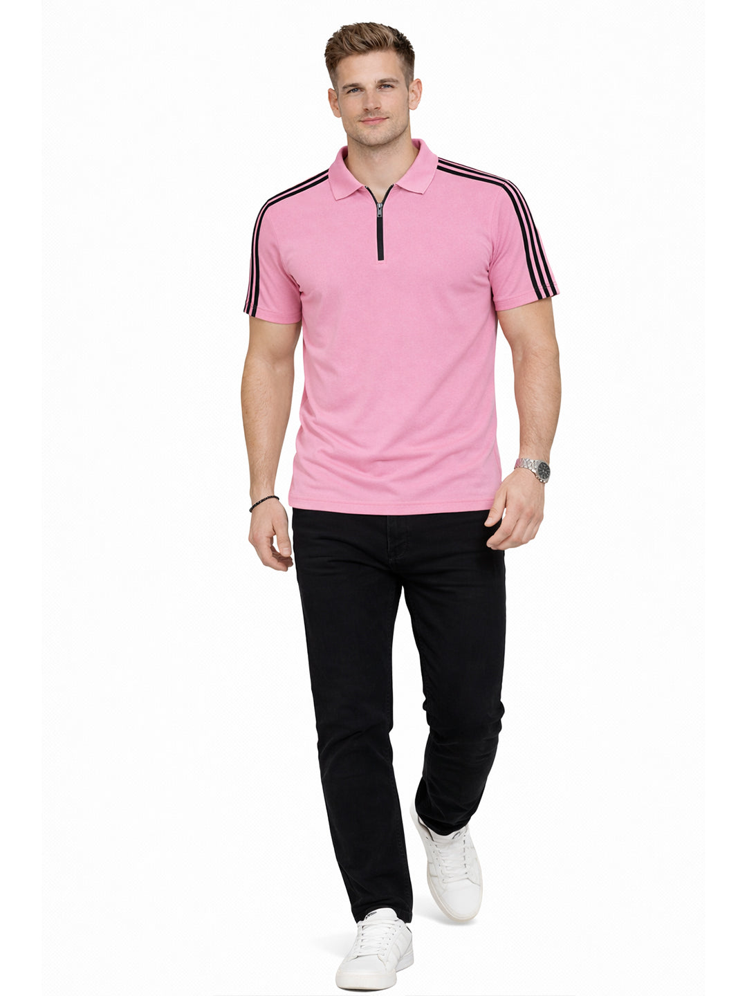 Pink Stripes Zip Polo T-Shirt