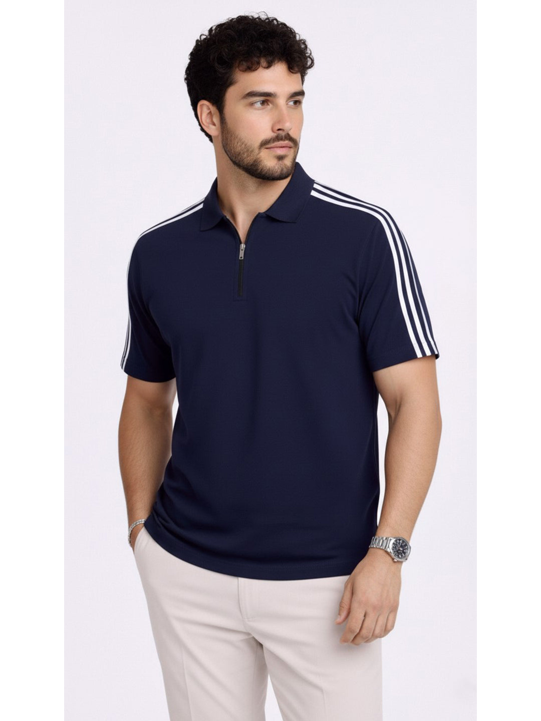 Navy Stripes Zip Polo T-Shirt