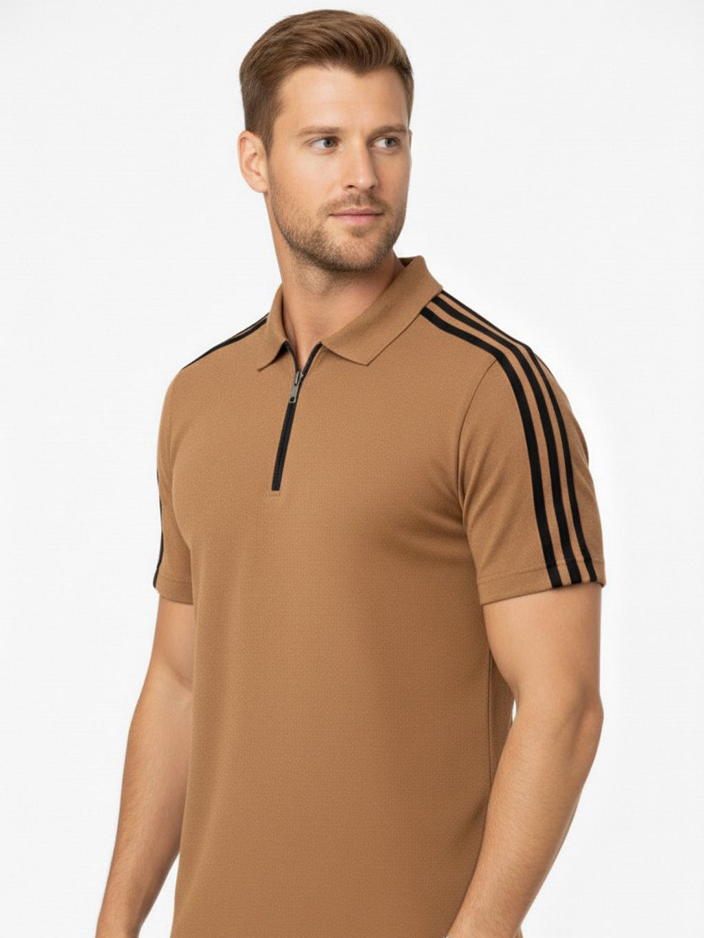 Brown Stripes Zip Polo T-Shirt
