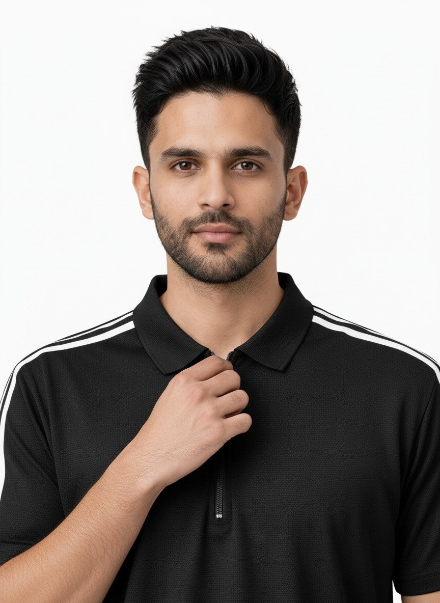 Black Stripes Zip Polo T-Shirt