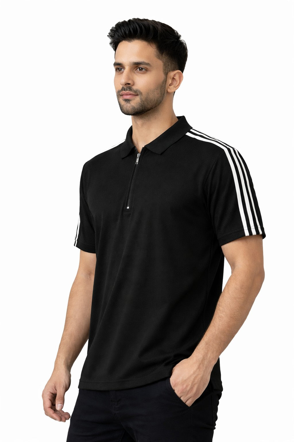 Black Stripes Zip Polo T-Shirt