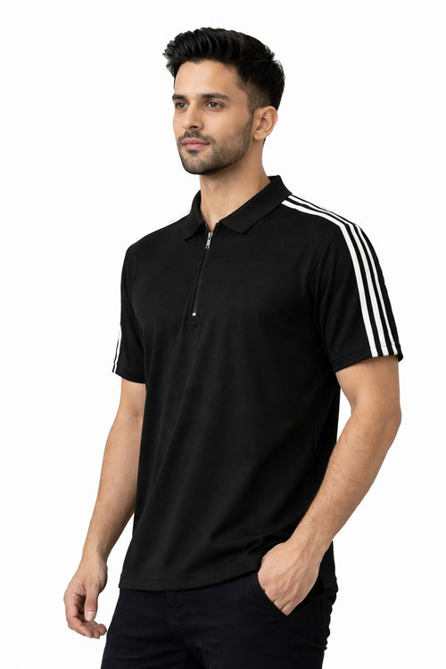 Black Stripes Zip Polo T-Shirt