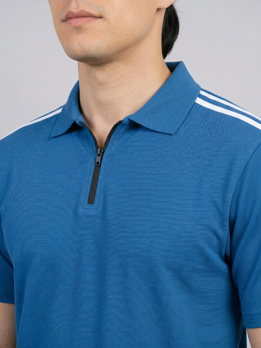 Teal blue Stripes Zip Polo T-Shirt