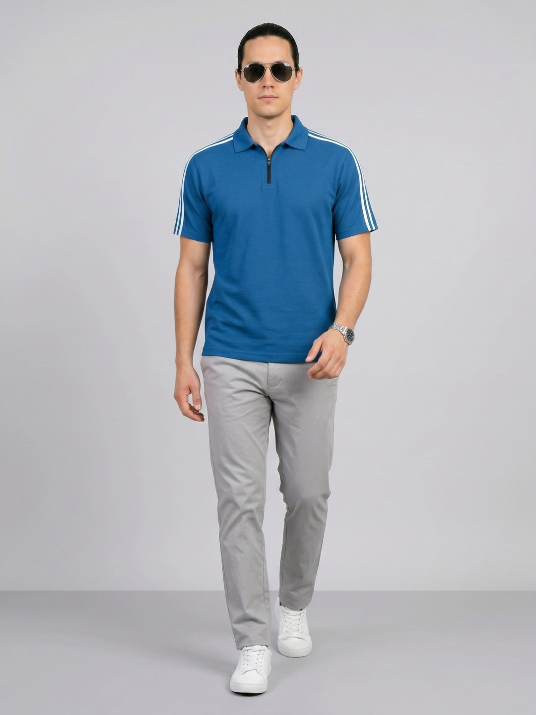 Teal blue Stripes Zip Polo T-Shirt