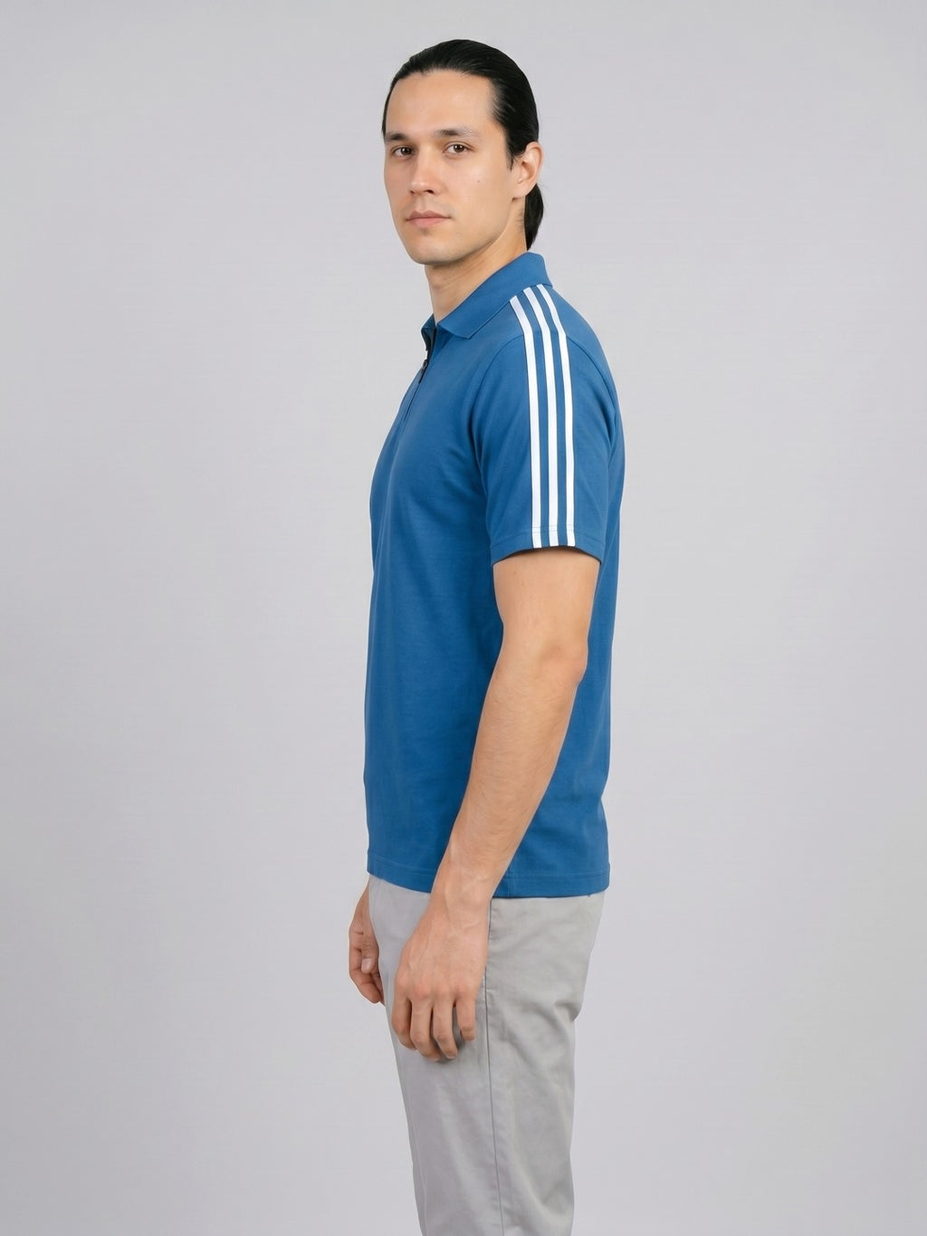 Teal blue Stripes Zip Polo T-Shirt